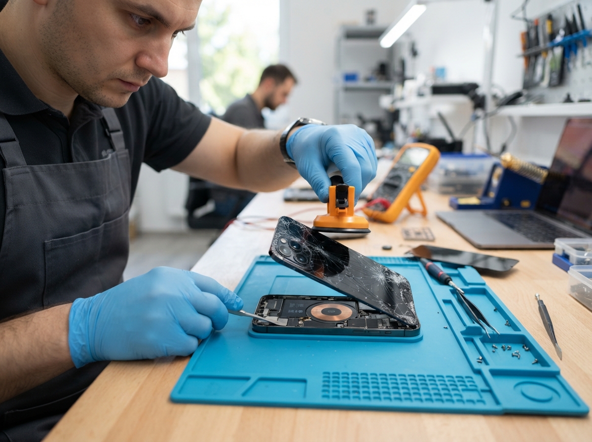 Technician replacing a phone back panel at Chennai TechFix