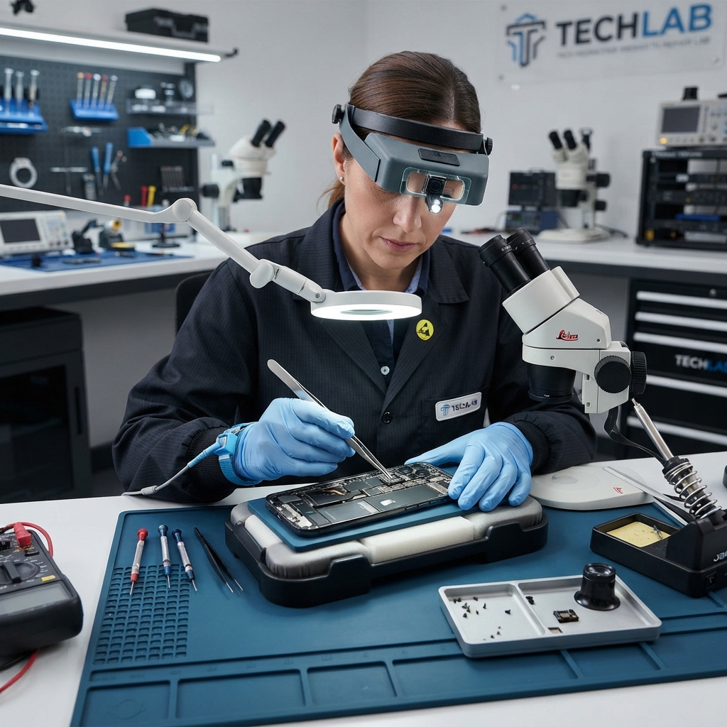 Technician repairing a phone camera module at Chennai TechFix