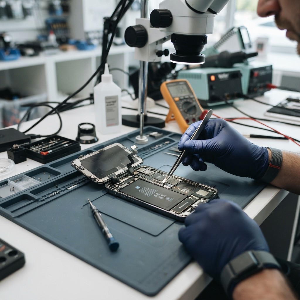 Technician repairing a phone charging port at Chennai TechFix
