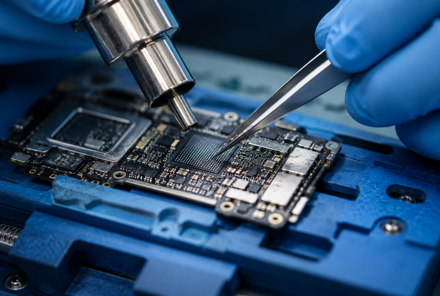 Technician performing chip-level motherboard repair at Chennai TechFix