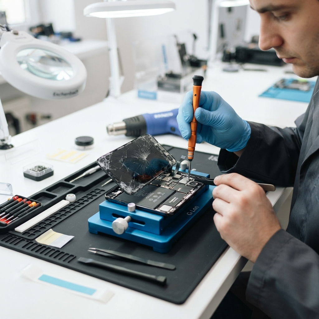 Technician replacing a cracked phone screen at Chennai TechFix