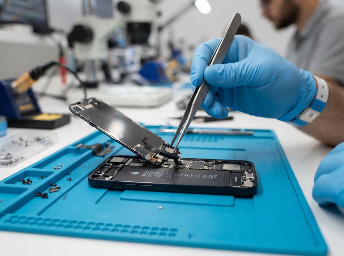 Technician repairing a phone speaker and mic component at Chennai TechFix