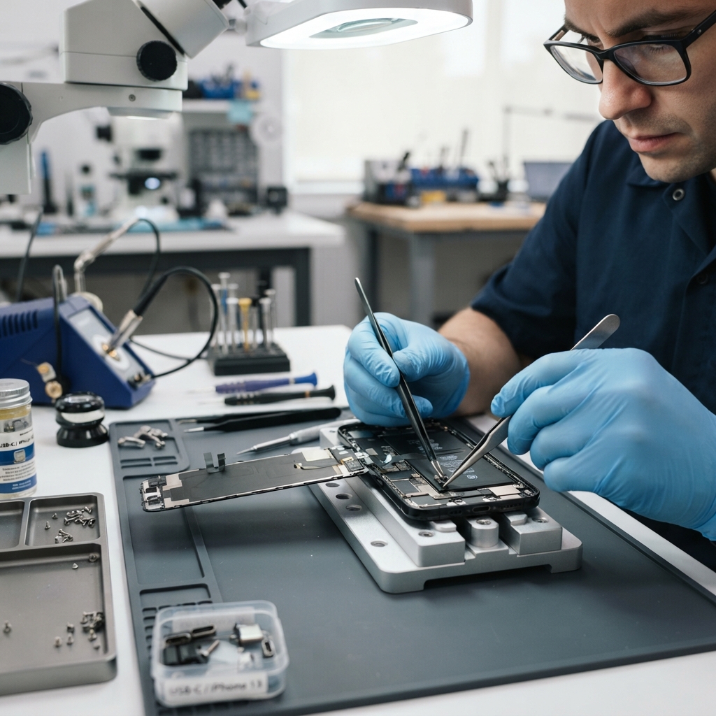 Technician repairing a water-damaged phone at Chennai TechFix